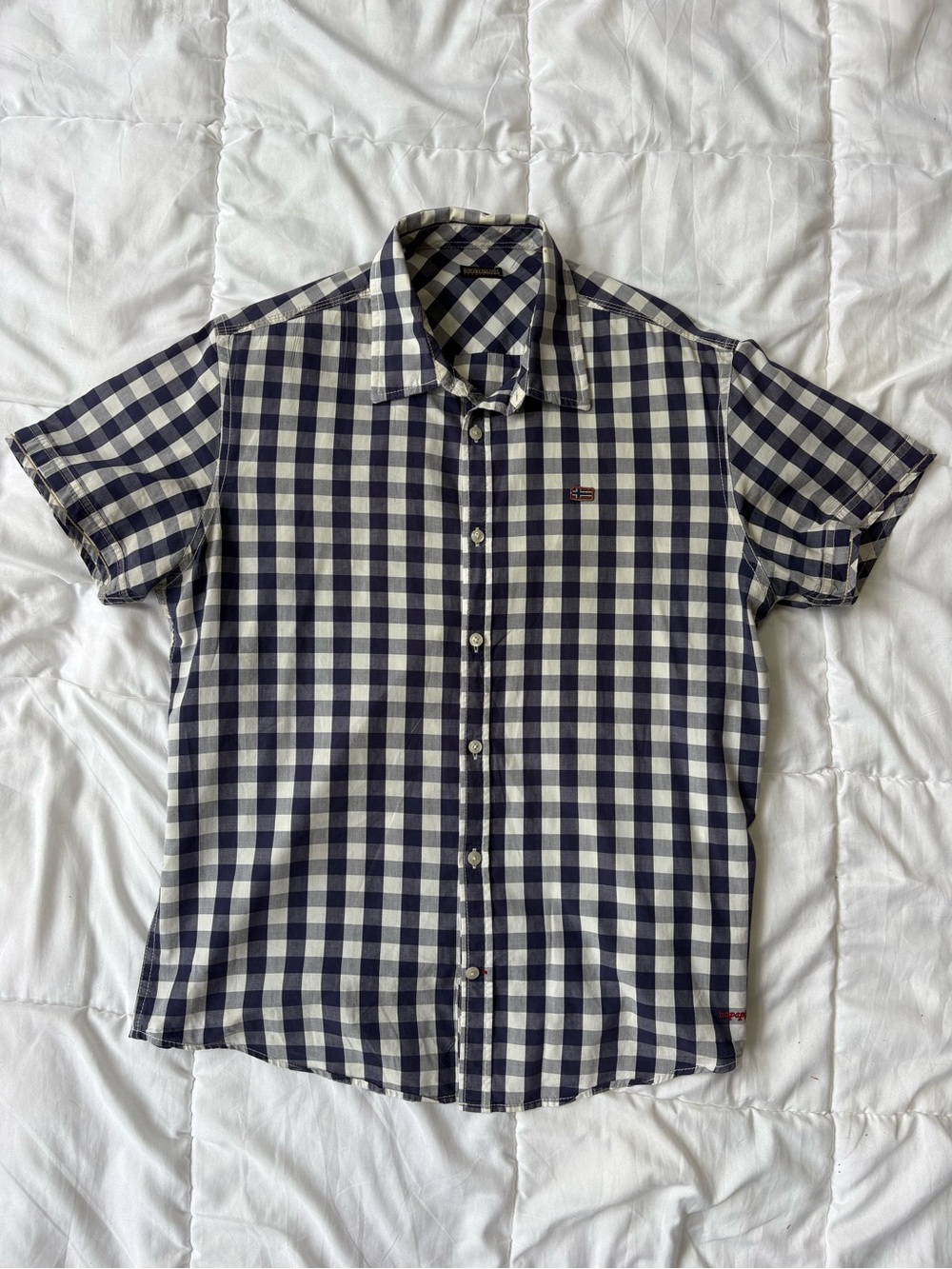 Napapijri Men's Short-Sleeve Navy and White Check Shirt